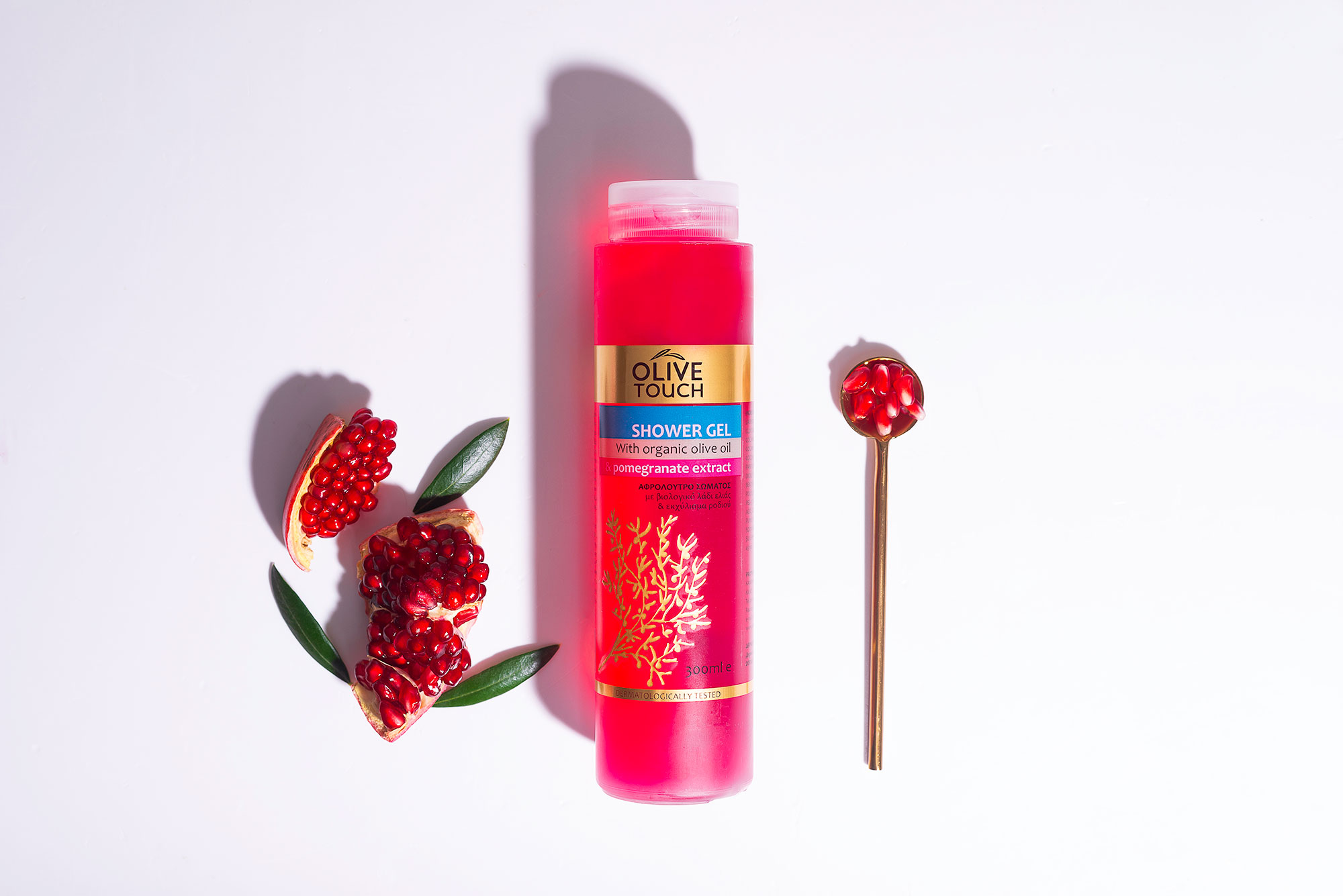 Olive-touch-shower-gel-promegranate-2.jpg Αφρόλουτρο με βιολογικό λάδι Eλιάς και εκχύλισμα Ροδιού SHOWER GEL WITH POMEGRANATE 300ml - Image 1